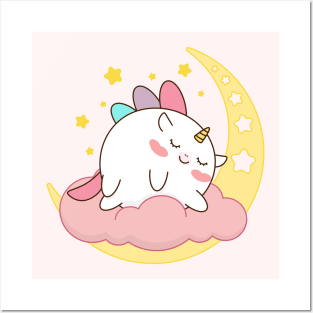 Cute unicorn sleep on moon Posters and Art